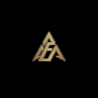 Gold geometric triangle logo with interlocking letters on black background